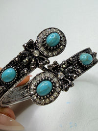 Vintage Style Silver Tone Bracelet with Turquoise and Crystal Accents