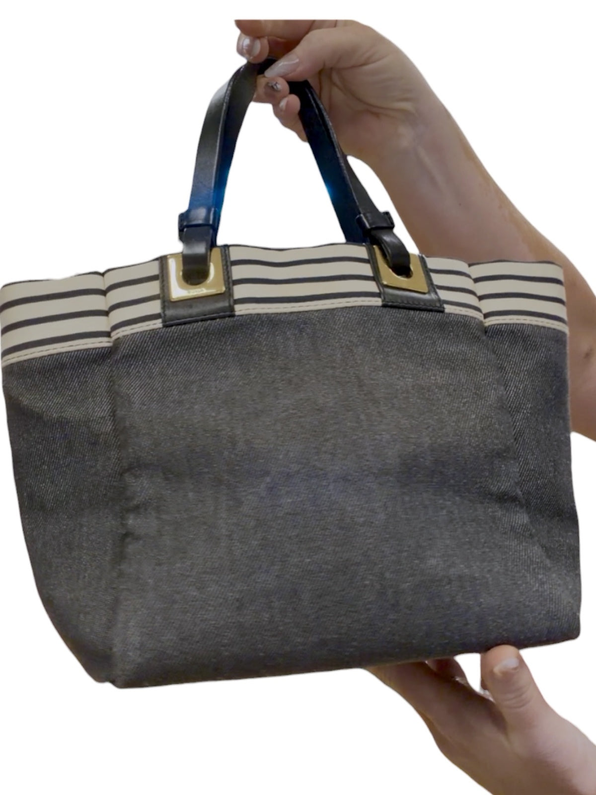 Furla Denim and Striped Canvas Tote Bag with Leather Handles