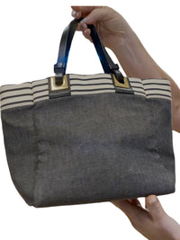Furla Denim and Striped Canvas Tote Bag with Leather Handles