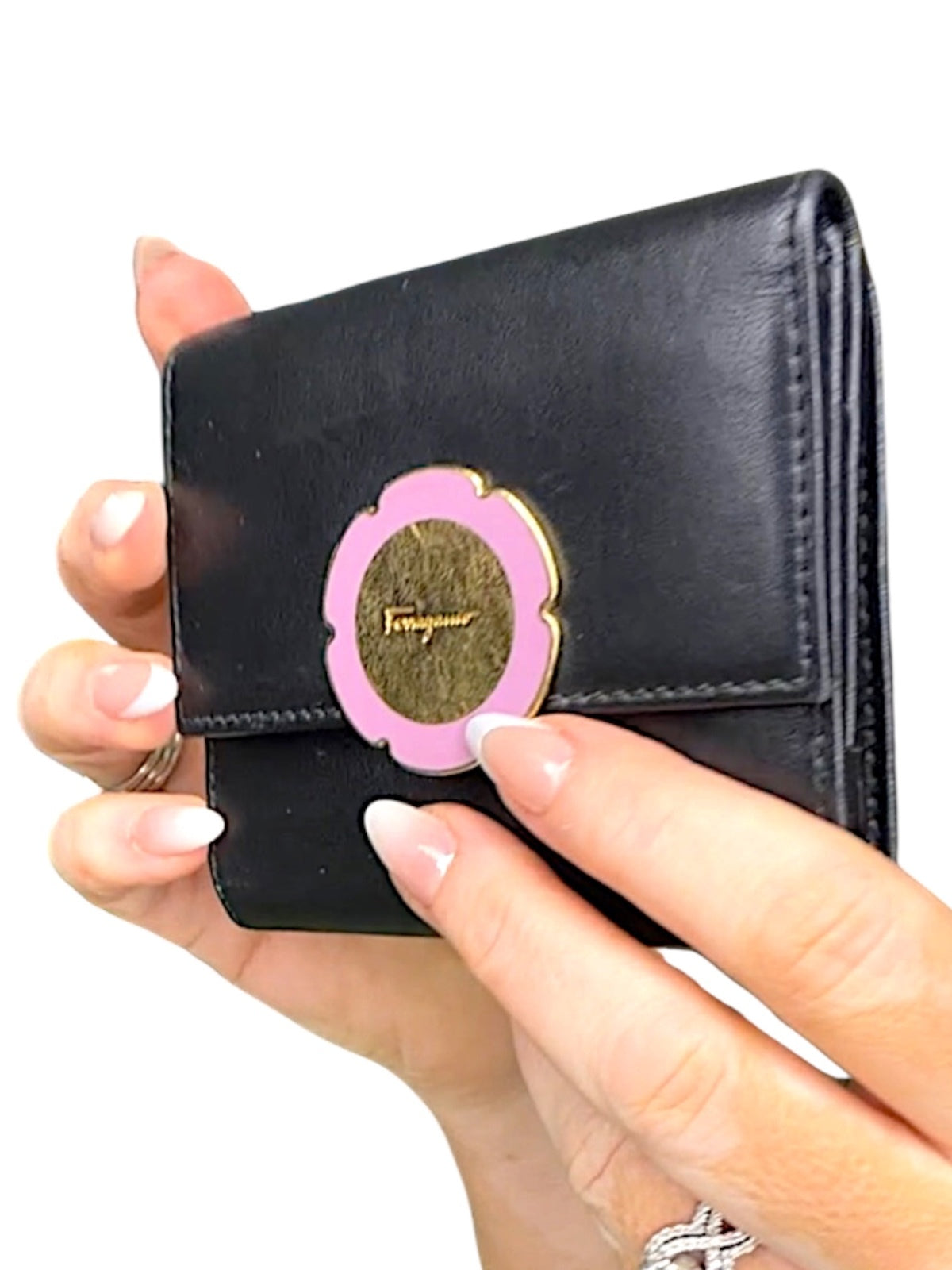 Salvatore Ferragamo Black Leather Wallet with Pink and Gold Flower Accent