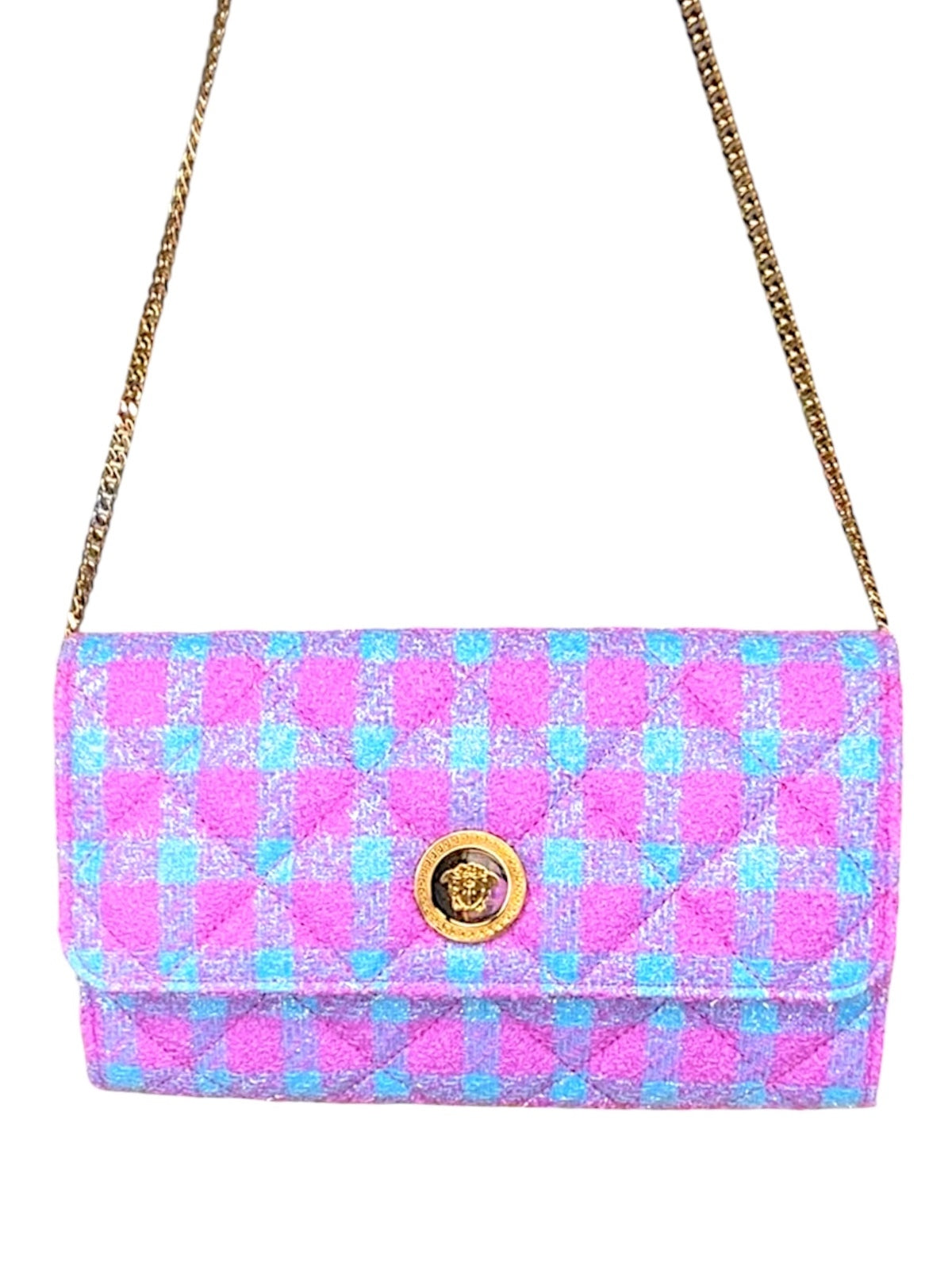 Versace La Medusa Bouclé Quilted Tweed Wallet on Chain Pink Blue Gold Crossbody