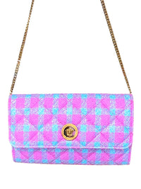 Versace La Medusa Bouclé Quilted Tweed Wallet on Chain Pink Blue Gold Crossbody