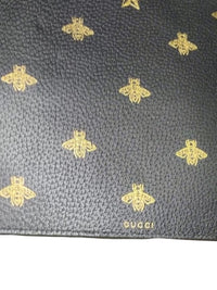 Gucci Bee Star Leather Zip Wristlet Clutch Black Gold Animalier Pouch Wallet