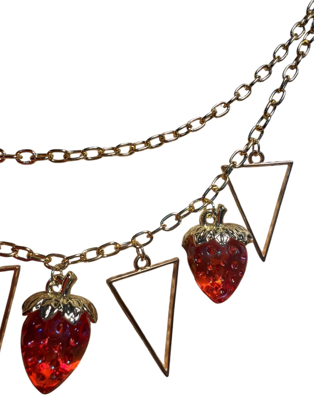 Gold Tone Double-Chain Bag Charm with Red Strawberry and Triangle Charms