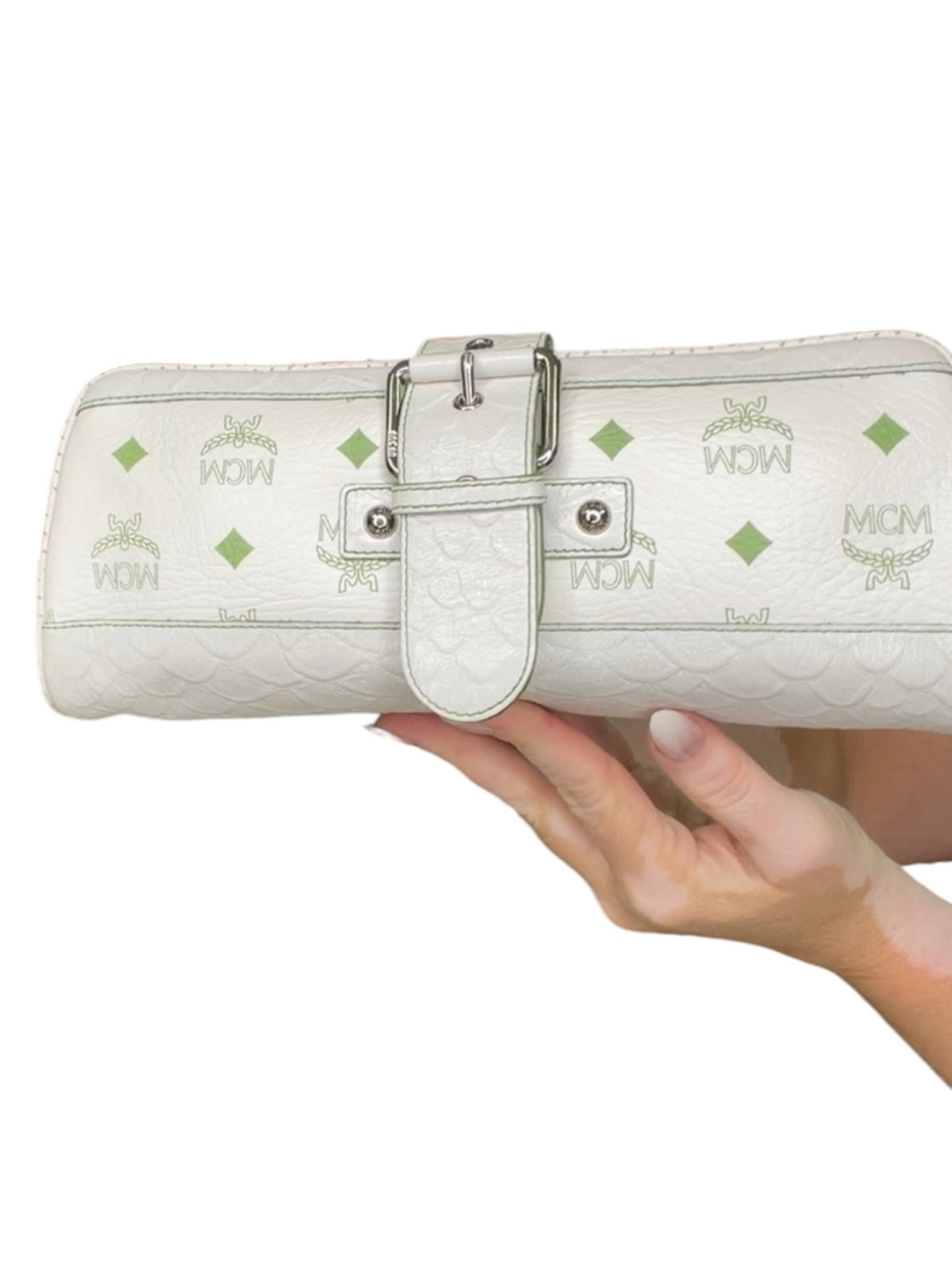 MCM White and Green Leather Clutch Bag