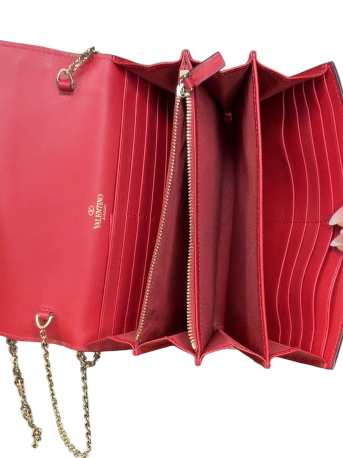 Valentino Garavani Rockstud Red Leather Crossbody Bag with Gold Chain