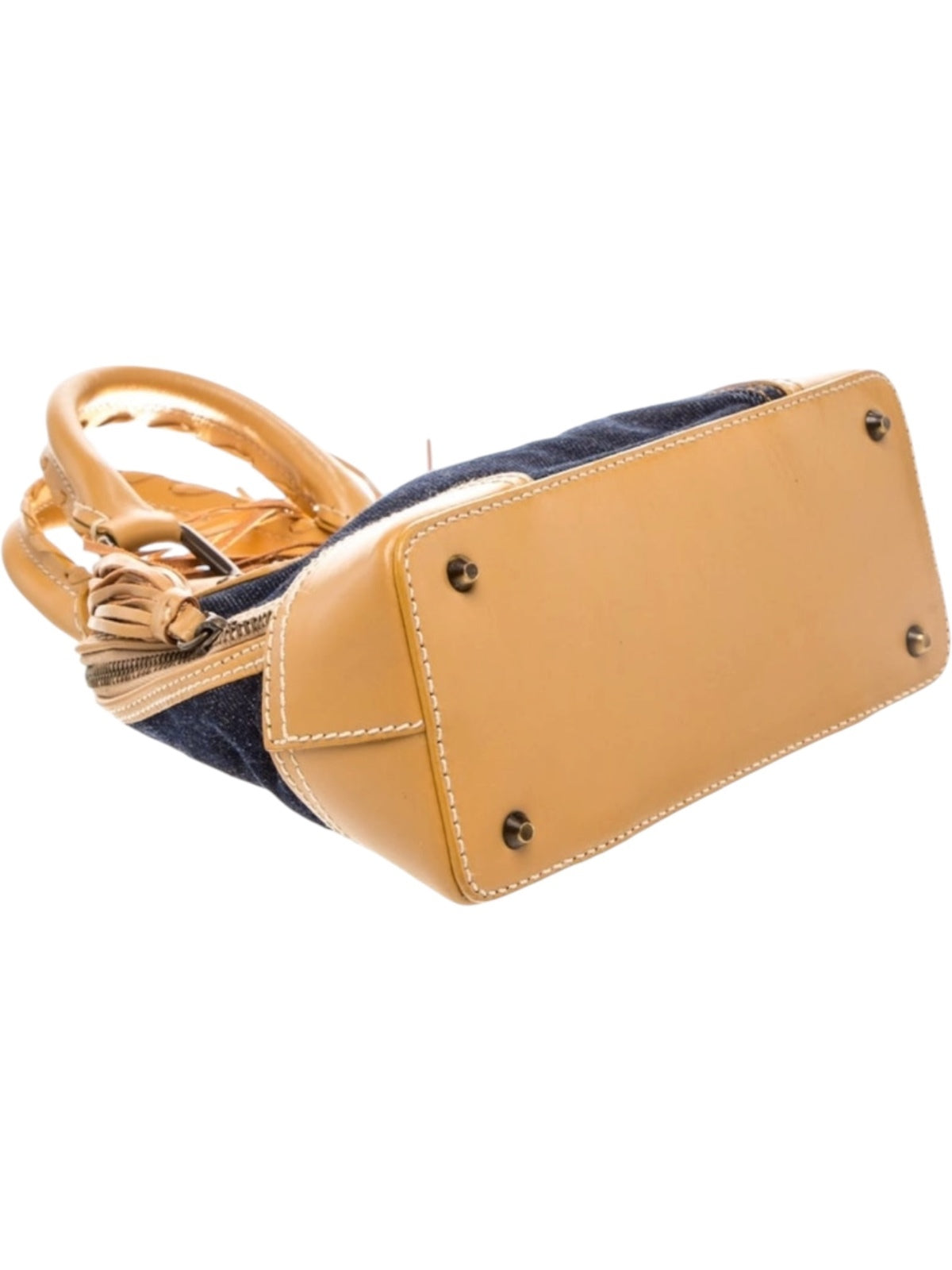 Dolce & Gabbana Blue Denim and Tan Leather Handbag with Leopard Print Lining and Fringe Detail - Very Good Condition