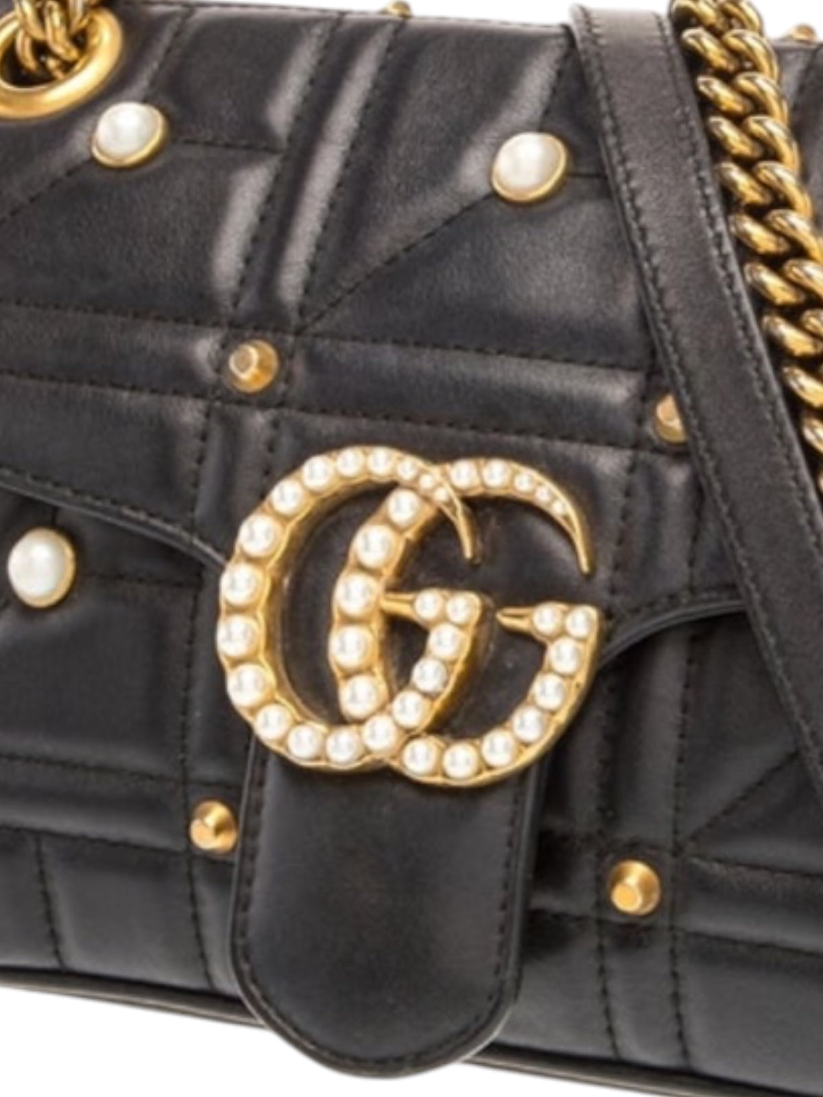 Gucci GG Marmont Quilted Black Leather Shoulder Bag with Pearl and Gold Studs