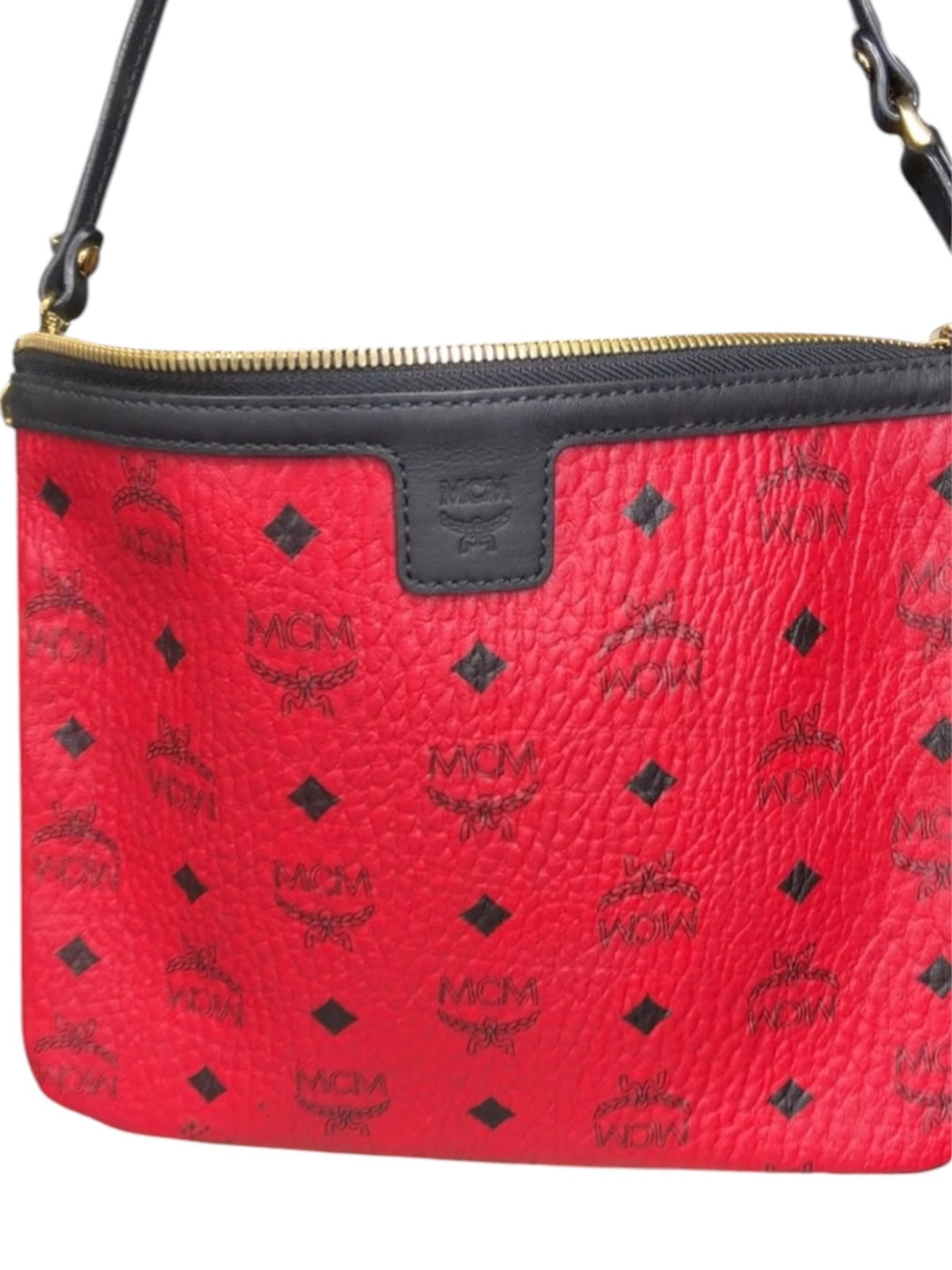 MCM Red Visetos Coated Canvas Zip Wristlet Clutch Pouch Black Trim Gold Hardware
