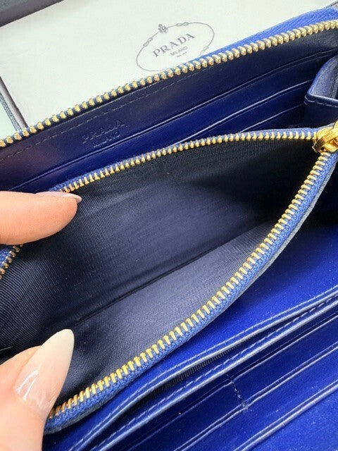 Prada Royal Blue Quilted Nylon Leather Zip Around Continental Wallet