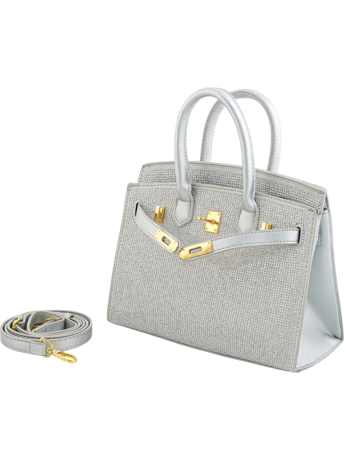 Silver Rhinestone Embellished Satchel Handbag with Gold Hardware