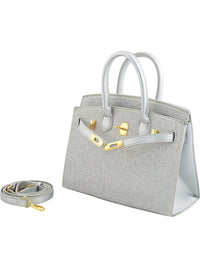 Silver Rhinestone Embellished Satchel Handbag with Gold Hardware