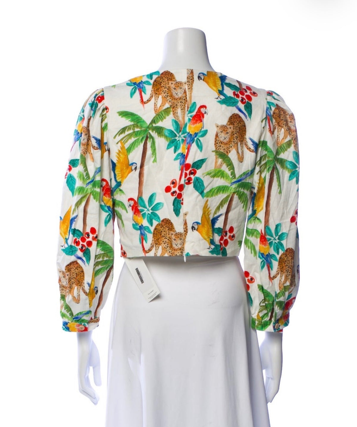 Farm Rio Tropical Print Cropped Blouse with Puff Sleeves and Front Ring Detail,