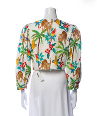 Farm Rio Tropical Print Cropped Blouse with Puff Sleeves and Front Ring Detail,