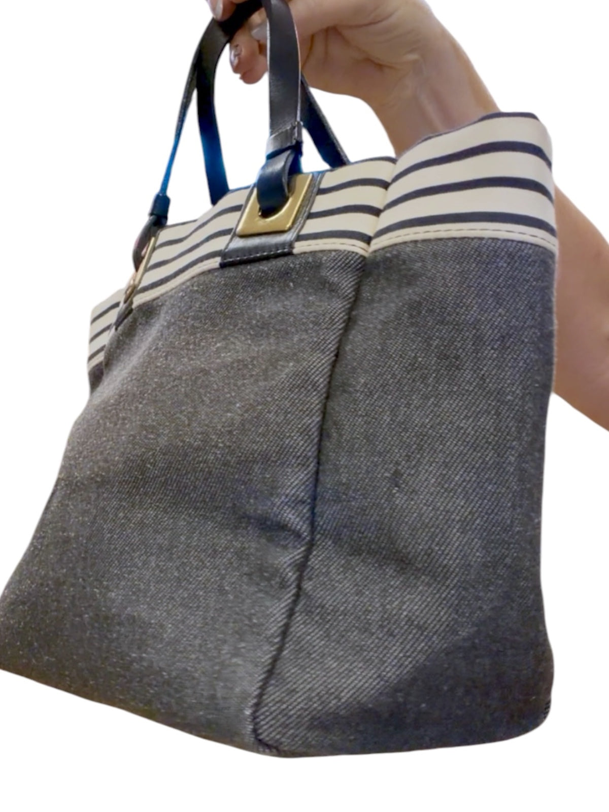 Furla Denim and Striped Canvas Tote Bag with Leather Handles