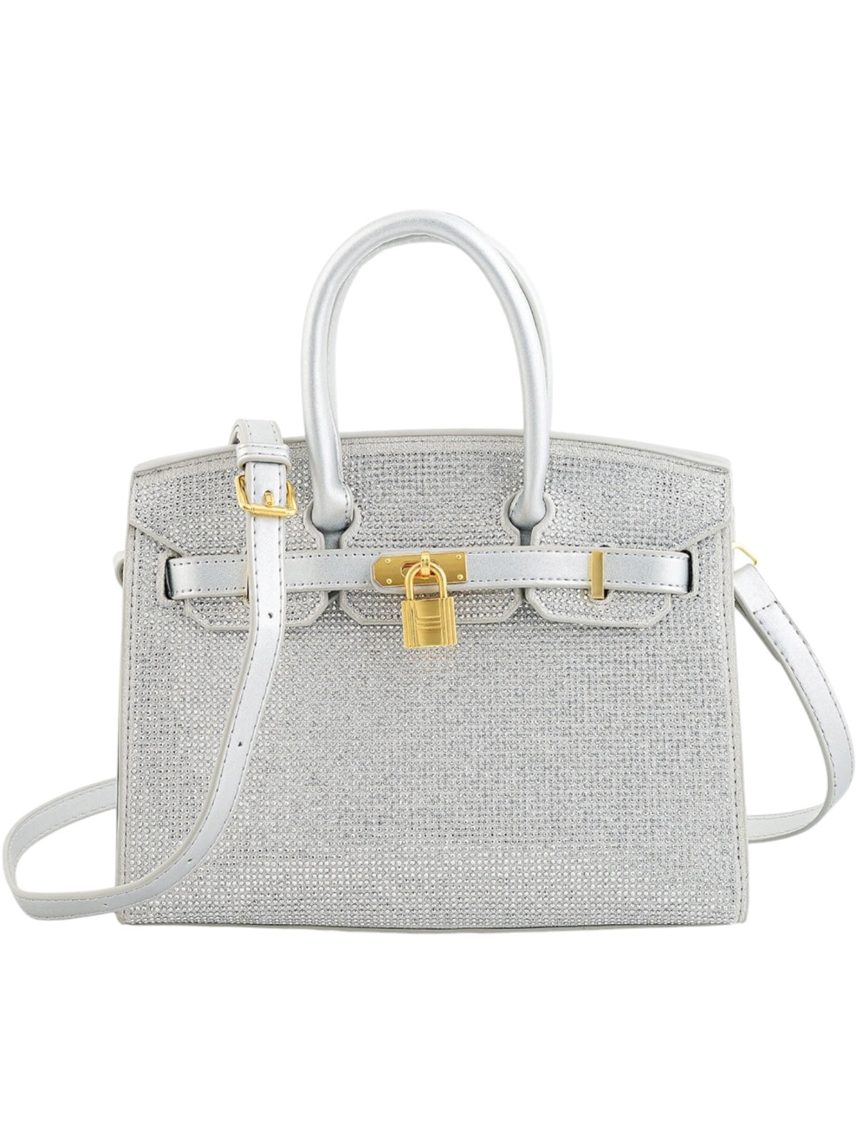 Silver Rhinestone Embellished Satchel Handbag with Gold Hardware