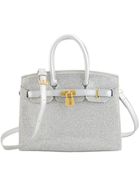 Silver Rhinestone Embellished Satchel Handbag with Gold Hardware