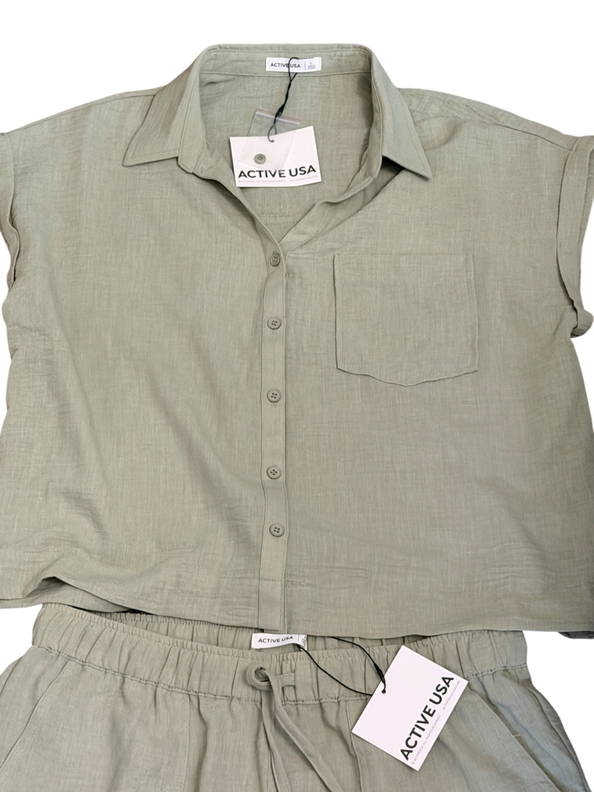 Active USA Two-Piece Button-Up Shirt and Elastic Waist Shorts Set in Sage Green,