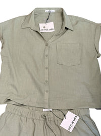 Active USA Two-Piece Button-Up Shirt and Elastic Waist Shorts Set in Sage Green,