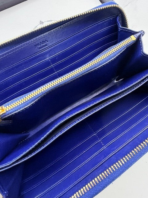 Prada Royal Blue Quilted Nylon Leather Zip Around Continental Wallet