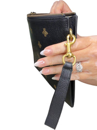 Gucci Bee Star Leather Zip Wristlet Clutch Black Gold Animalier Pouch Wallet
