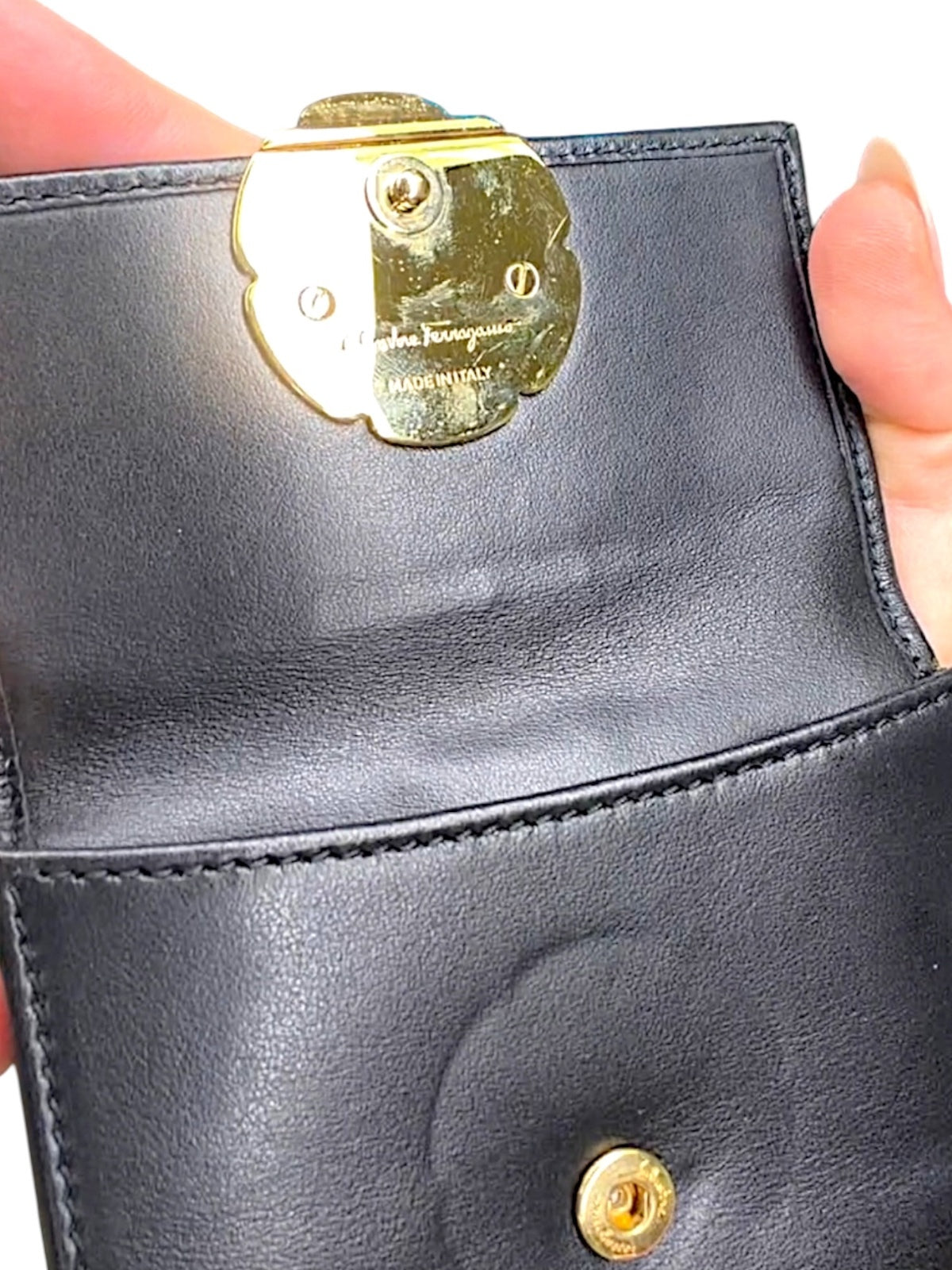 Salvatore Ferragamo Black Leather Wallet with Pink and Gold Flower Accent