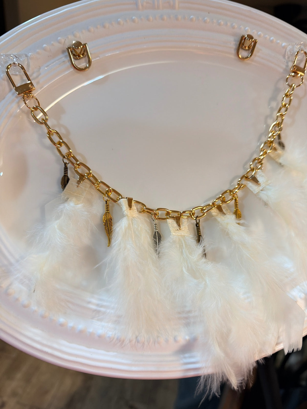 Boho Feather Handbag Purse Charm Chain Gold Tone