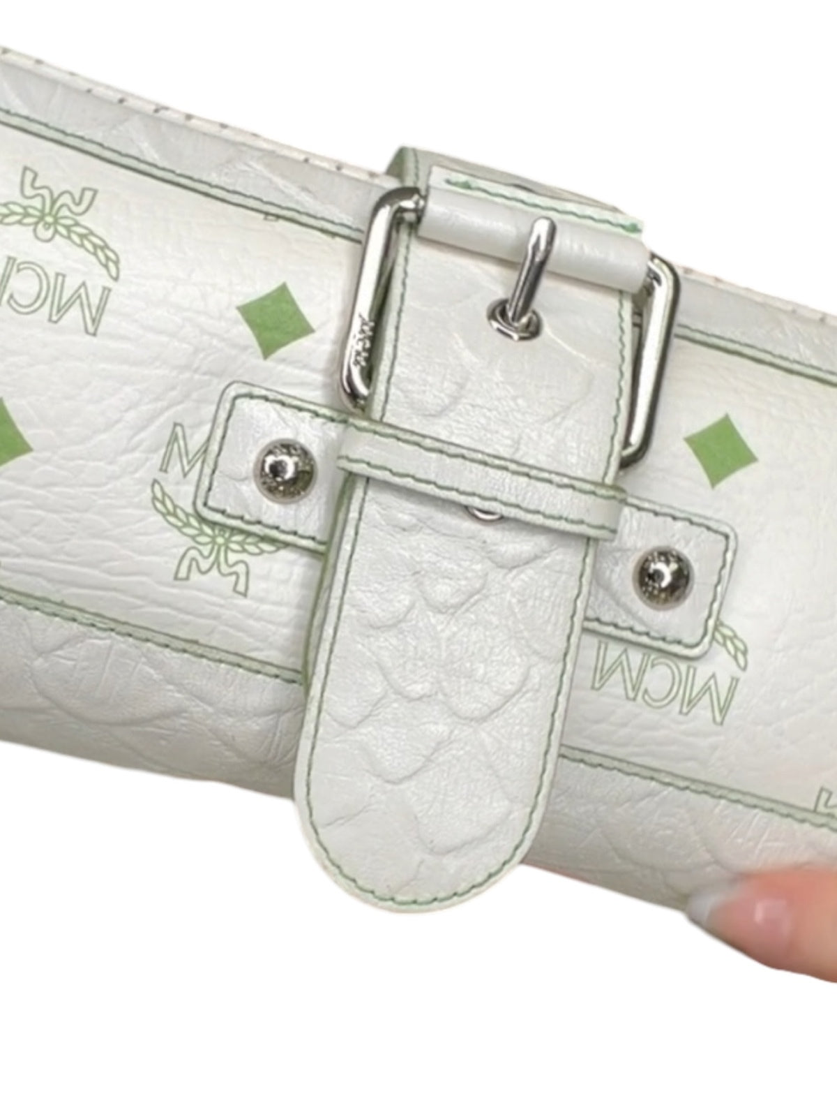 MCM White and Green Leather Clutch Bag