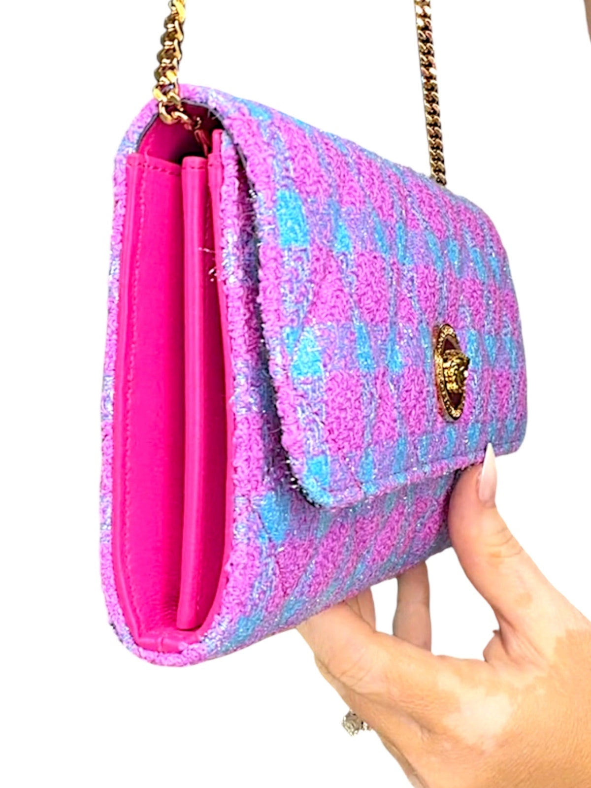 Versace La Medusa Bouclé Quilted Tweed Wallet on Chain Pink Blue Gold Crossbody