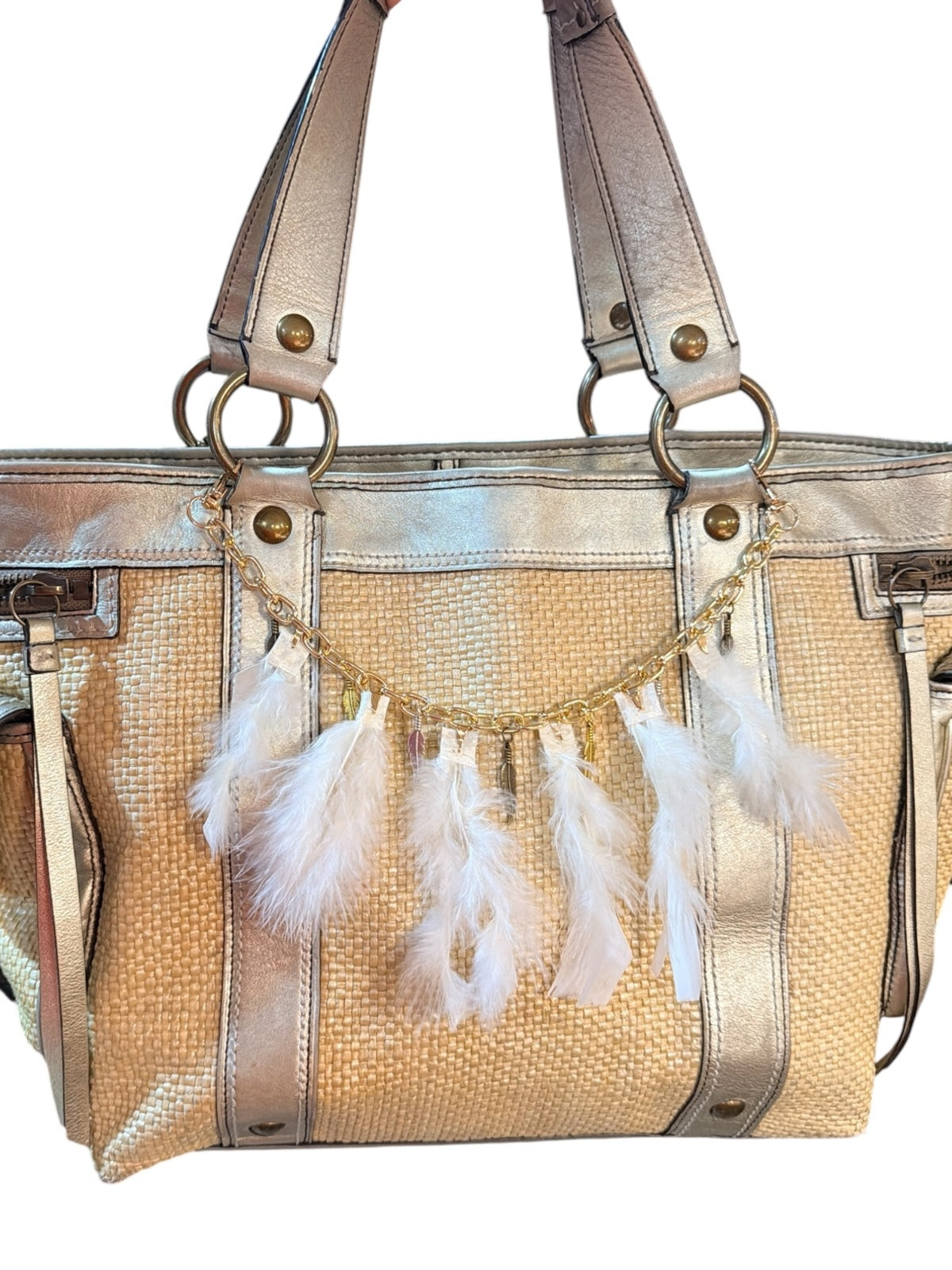 Boho Feather Handbag Purse Charm Chain Gold Tone