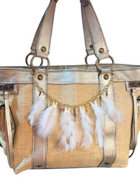 Boho Feather Handbag Purse Charm Chain Gold Tone