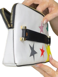 MILLY Leather Star Appliqué Zip Around Clutch Wristlet White Black Tassel Pouch