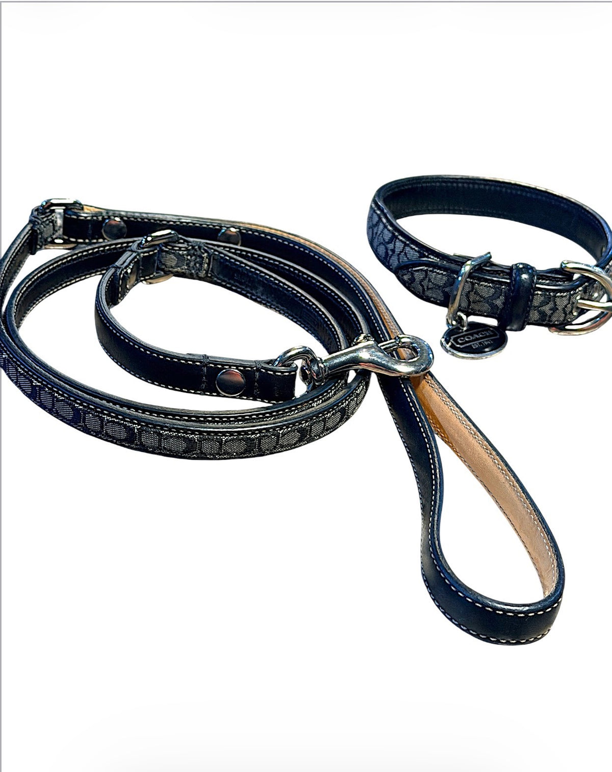 Coach Rare Black Signature Jacquard Authentic Dog Collar and Leash Set