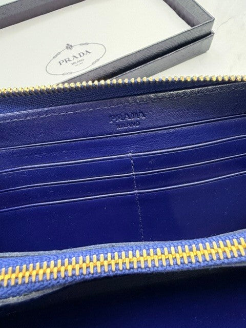 Prada Royal Blue Quilted Nylon Leather Zip Around Continental Wallet