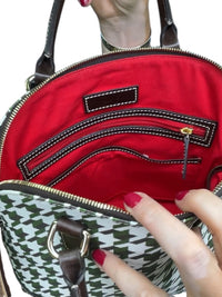 Dooney & Bourke Houndstooth Satchel Green White Brown Leather Trim Crossbody Bag