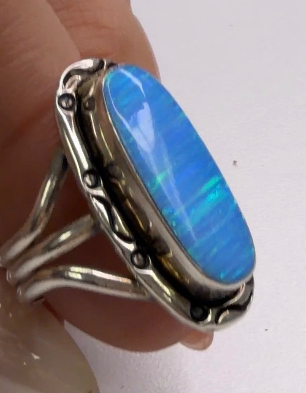 Sterling Silver Blue Opal Statement Ring Oval Cabochon Split Shank Artisan
