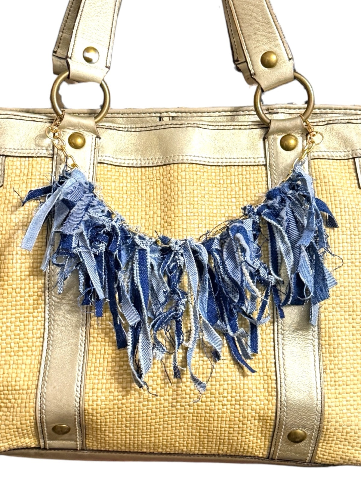 Boho Denim Purse Chain Charm Gold Pearl Fringe