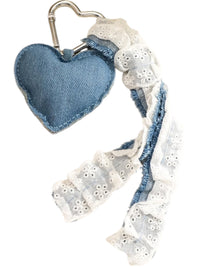 Denim Heart Keychain with White Lace Ribbon
