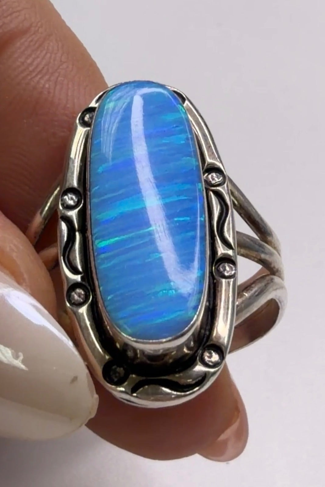 Sterling Silver Blue Opal Statement Ring Oval Cabochon Split Shank Artisan
