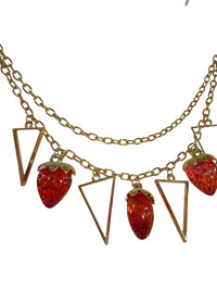 Gold Tone Double-Chain Bag Charm with Red Strawberry and Triangle Charms