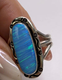 Sterling Silver Blue Opal Statement Ring Oval Cabochon Split Shank Artisan