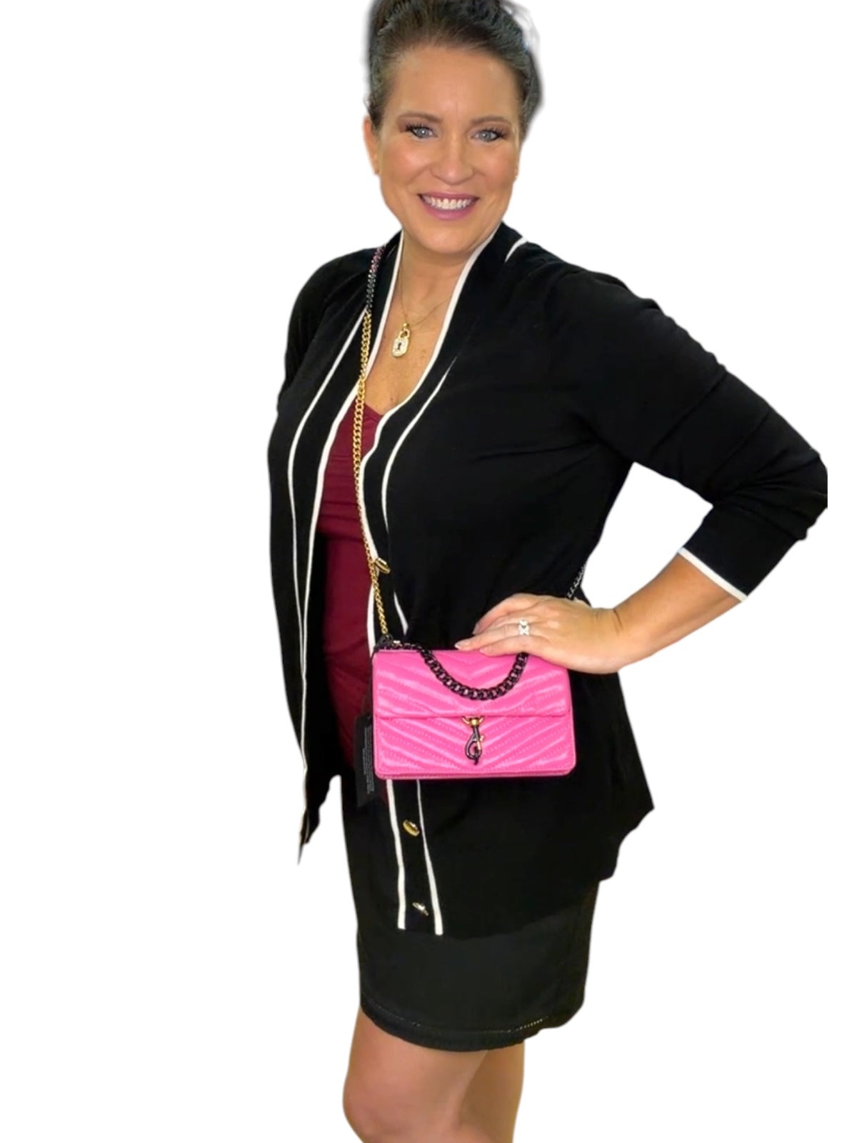 Rebecca Minkoff Edie Mini Crossbody Chain Bag Hot Pink Chevron Leather NWT