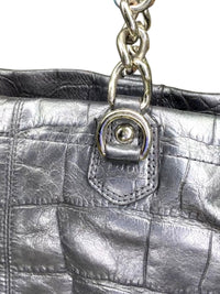 Coach Ashley Embossed Crocodile Leather Tote Shoulder Bag Metallic Pewter Gray