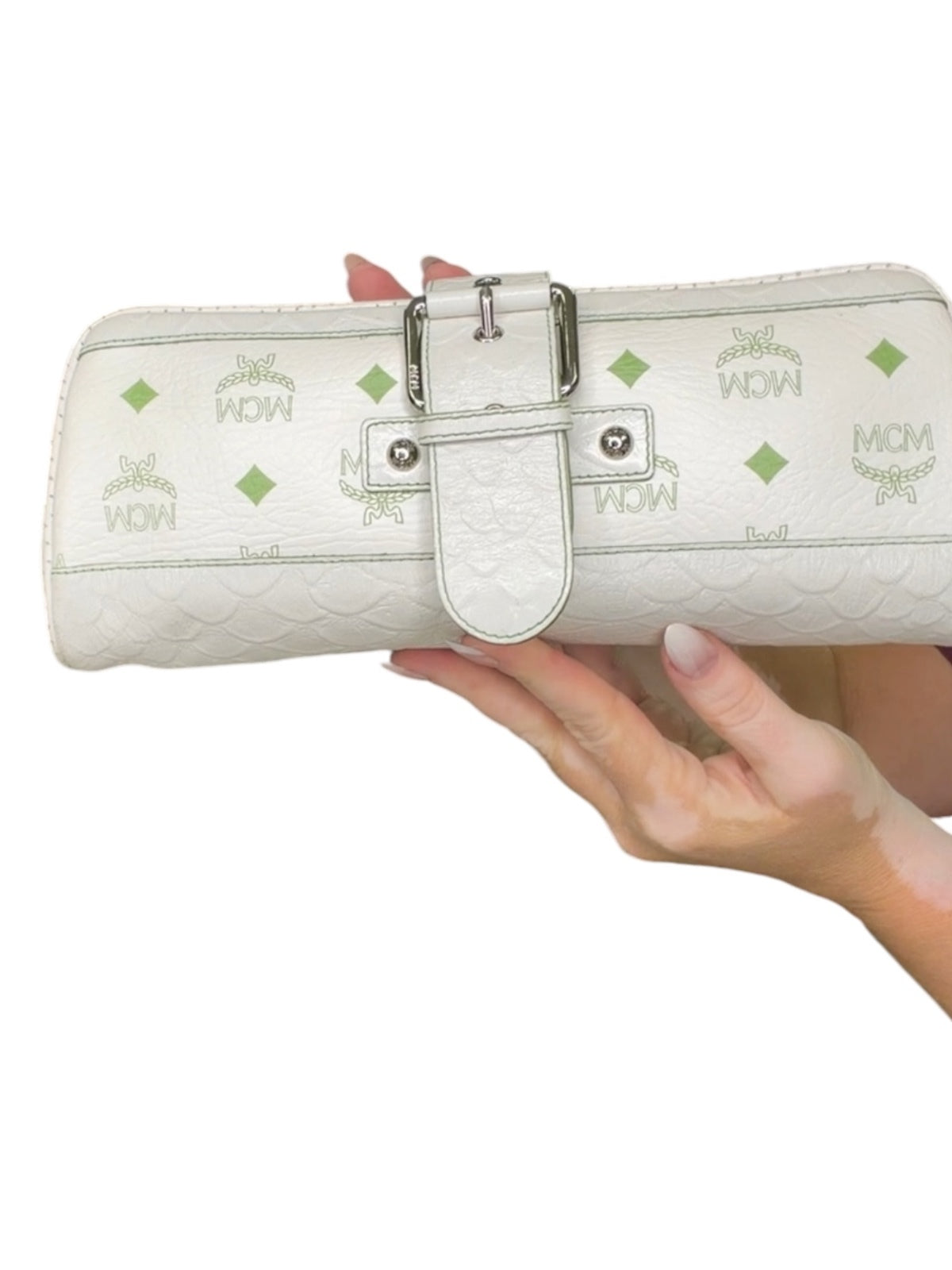MCM White and Green Leather Clutch Bag