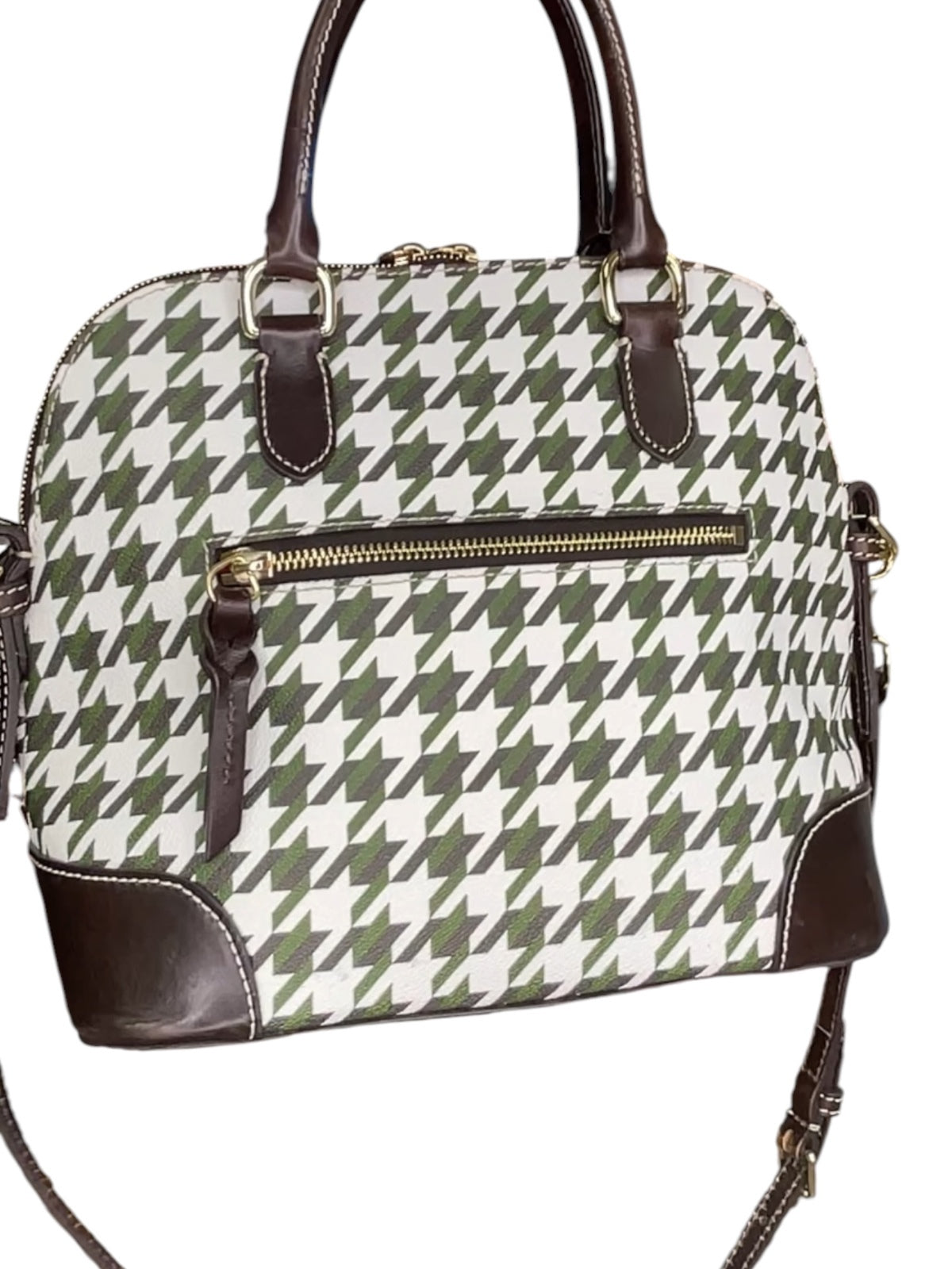 Dooney & Bourke Houndstooth Satchel Green White Brown Leather Trim Crossbody Bag