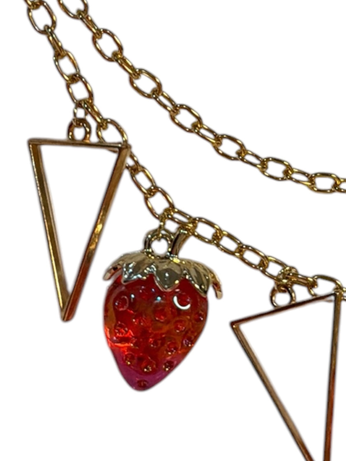Gold Tone Double-Chain Bag Charm with Red Strawberry and Triangle Charms