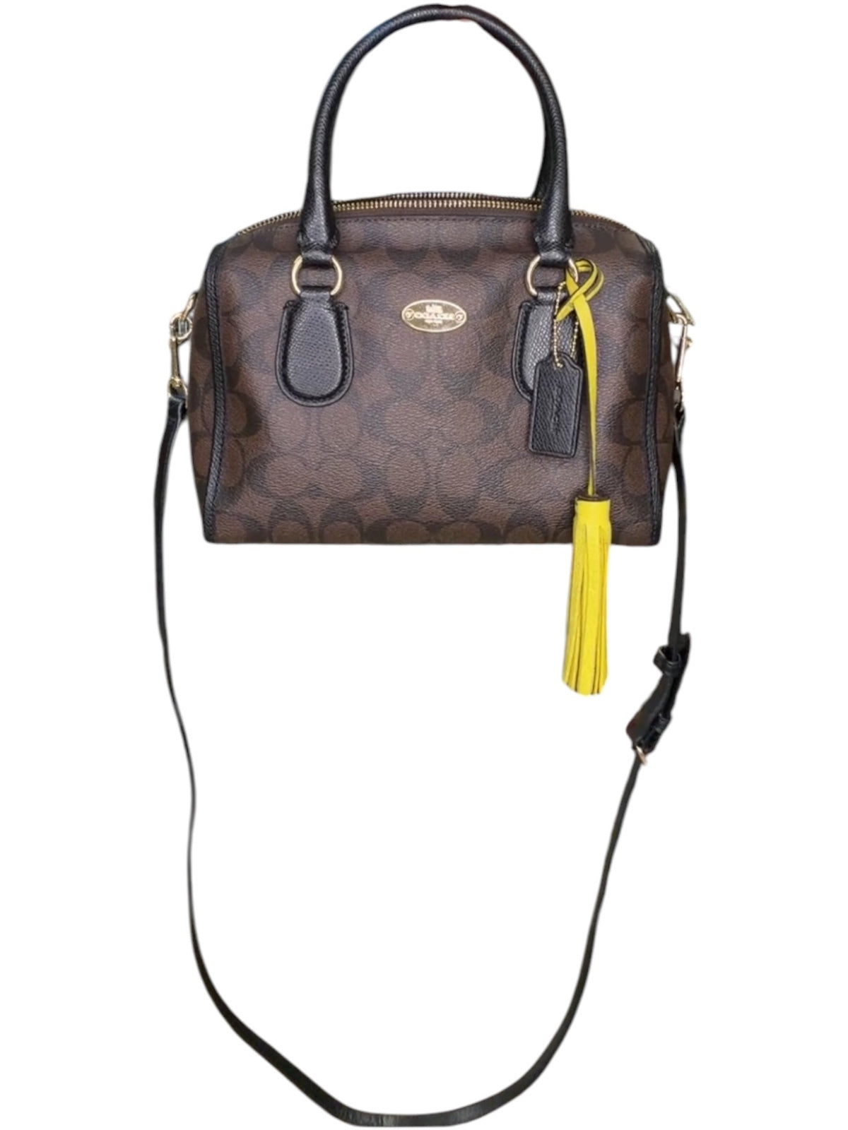 Coach Mini Bennett Satchel Signature C Brown Black Crossbody Bag Yellow Tassel