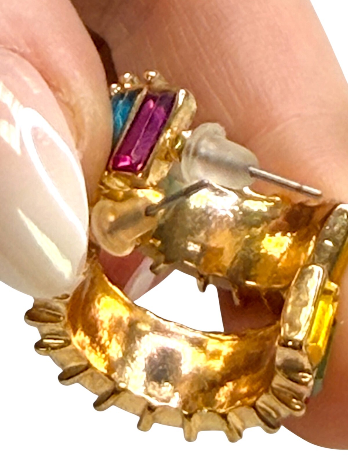 Rainbow Multicolor Baguette Rhinestone Gold Tone Hoop Earrings Statement Jewelry