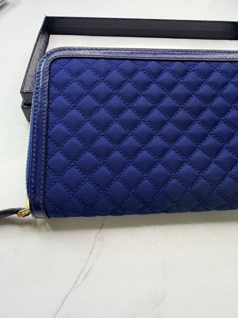 Prada Royal Blue Quilted Nylon Leather Zip Around Continental Wallet