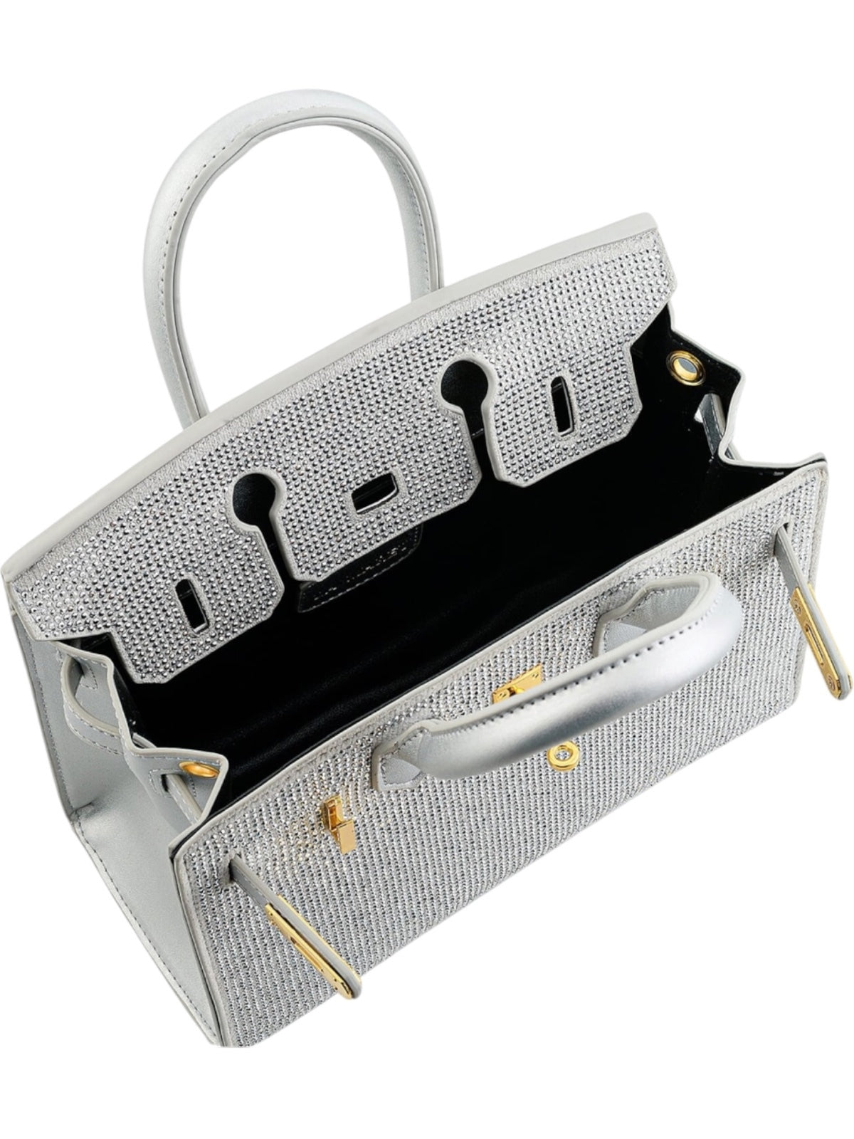 Silver Rhinestone Embellished Satchel Handbag with Gold Hardware